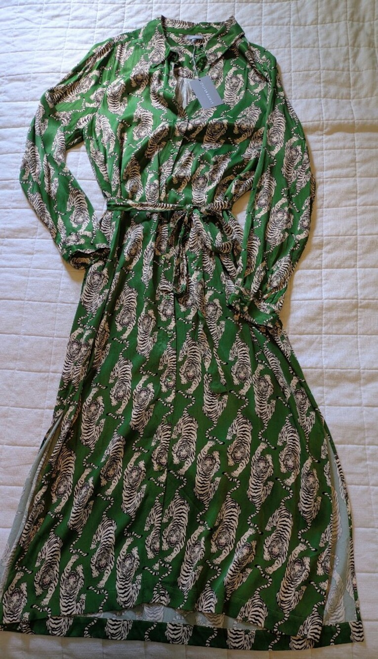 NWT - Oliver Bonas Green Tiger-Print Maxi Shirt Dress with Tie Waist
